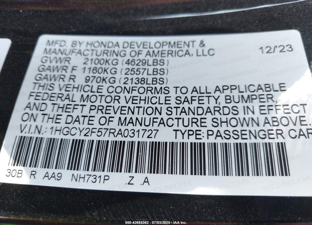 2024 HONDA ACCORD HYBRID SPORT VIN: 1HGCY2F57RA031727