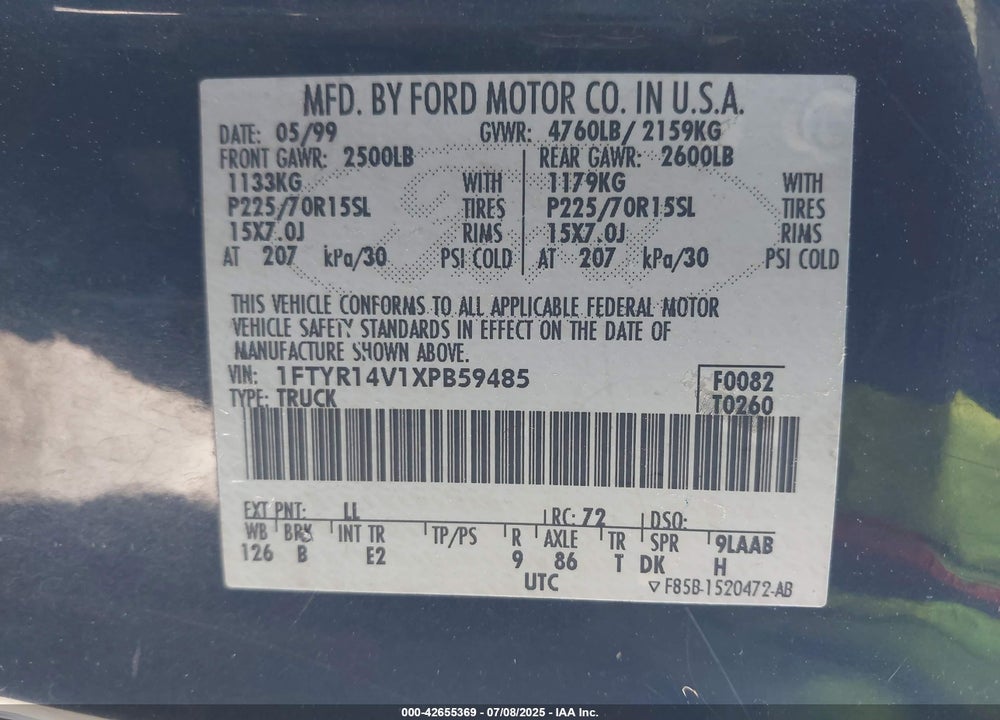 1999 FORD RANGER XL/XLT VIN: 1FTYR14V1XPB59485