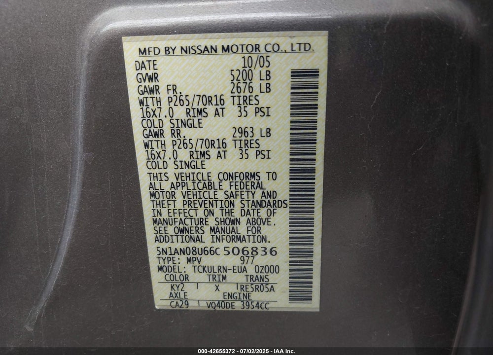 2006 NISSAN XTERRA VIN: 5N1AN08U66C506836