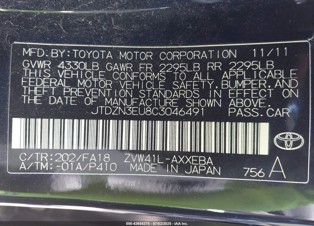 2012 TOYOTA PRIUS V VIN: JTDZN3EU8C3046491