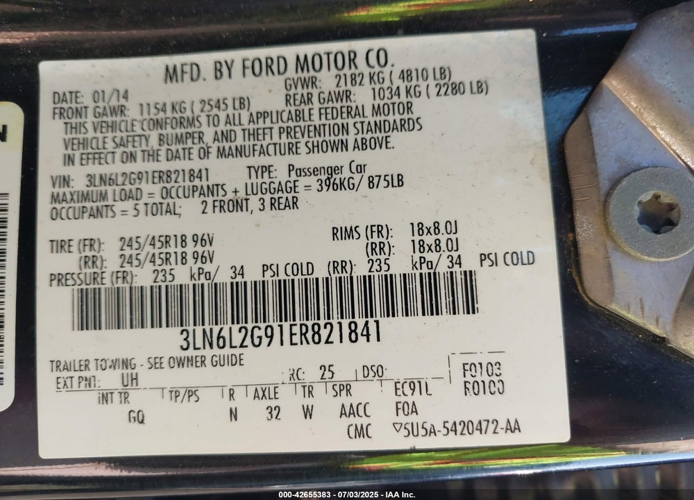 2014 LINCOLN MKZ VIN: 3LN6L2G91ER821841