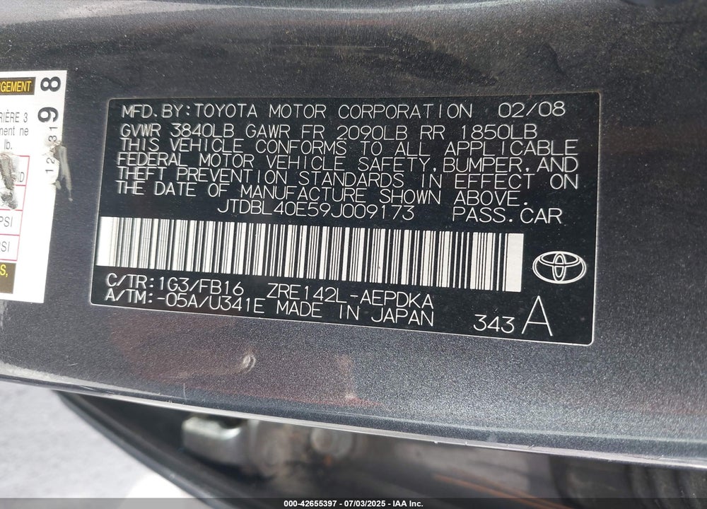 2009 TOYOTA COROLLA VIN: JTDBL40E59J009173