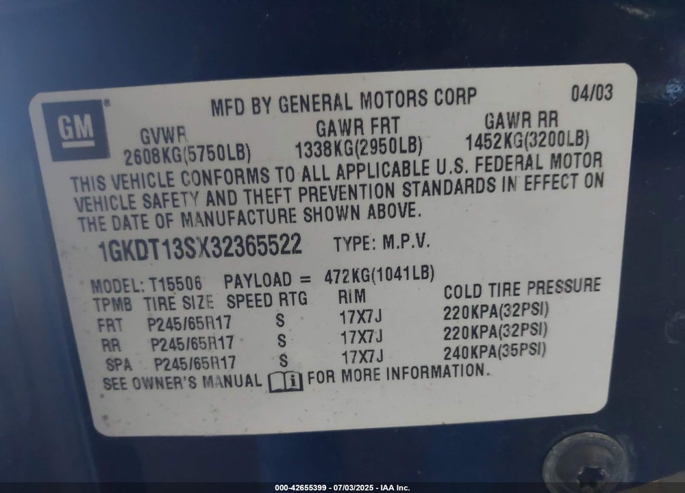 2003 GMC ENVOY SLE VIN: 1GKDT13SX32365522