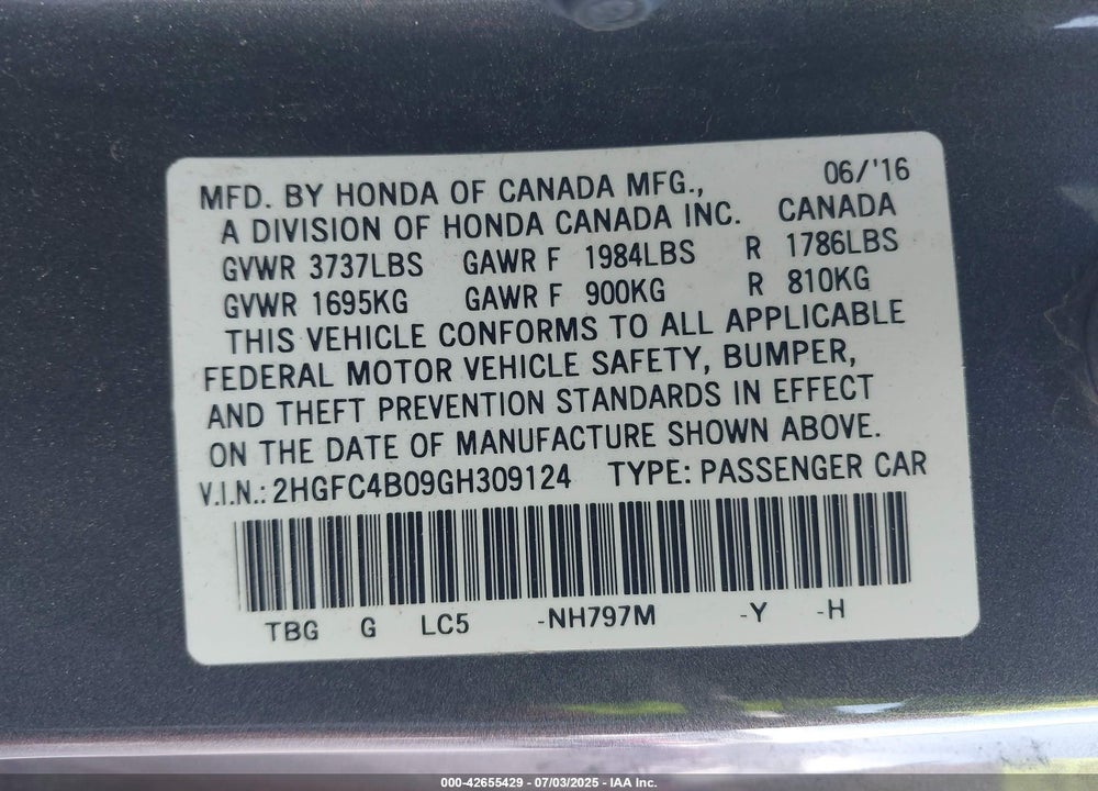 2016 HONDA CIVIC LX-P VIN: 2HGFC4B09GH309124