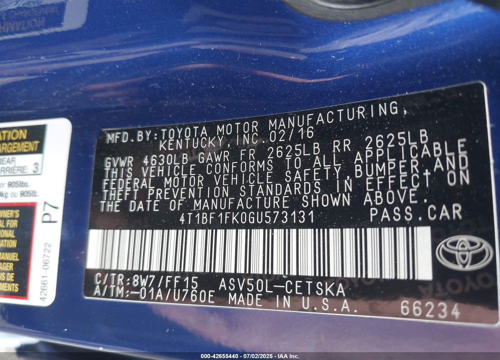 2016 TOYOTA CAMRY VIN: 4T1BF1FK0GU573131
