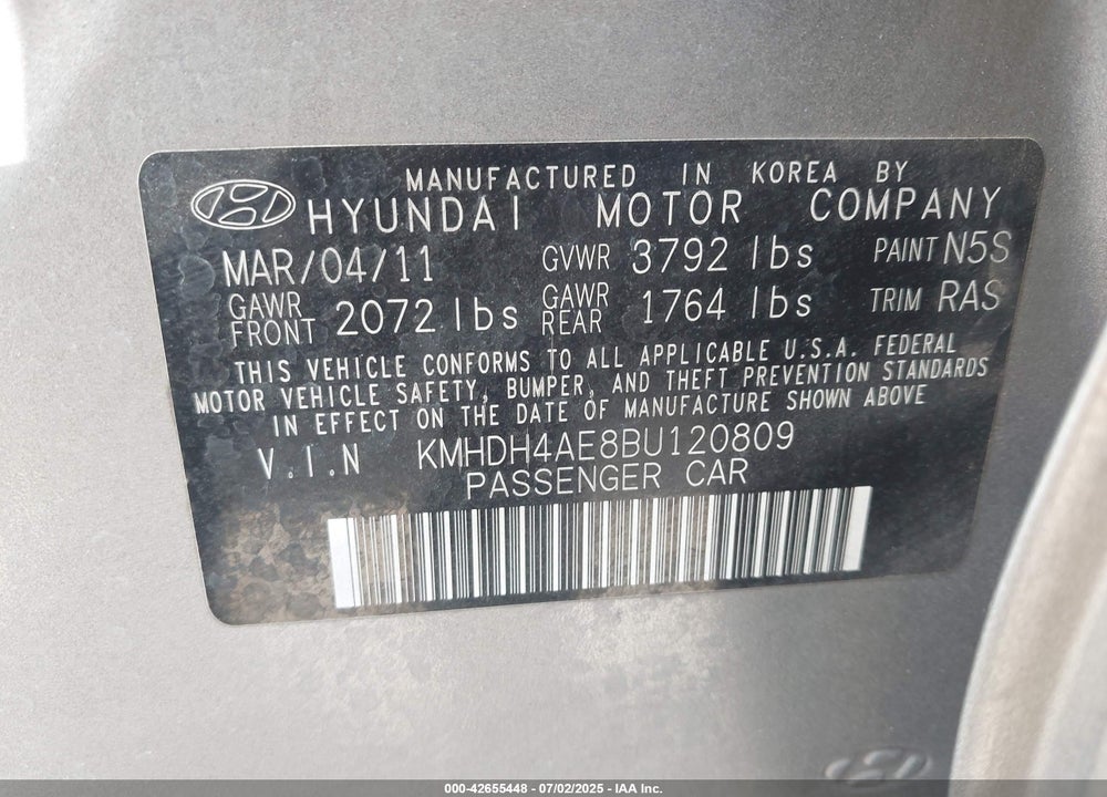 2011 HYUNDAI ELANTRA VIN: KMHDH4AE8BU120809
