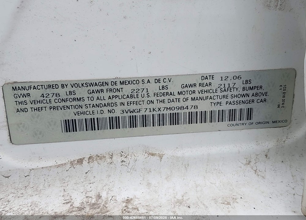 2007 VOLKSWAGEN JETTA VIN: 3VWGF71KX7M098478