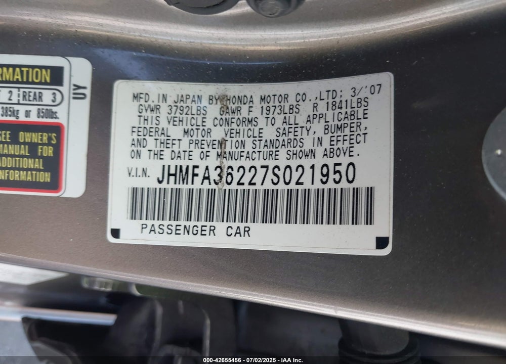 2007 HONDA CIVIC HYBRID VIN: JHMFA36227S021950