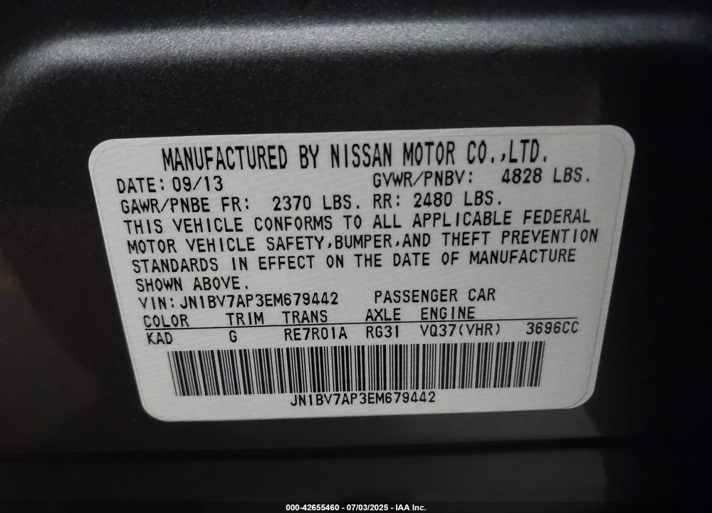 2014 INFINITI Q50 VIN: JN1BV7AP3EM679442