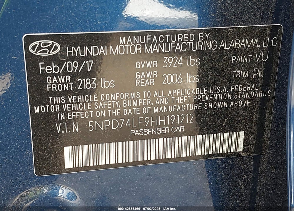 2017 HYUNDAI ELANTRA VIN: 5NPD74LF9HH191212