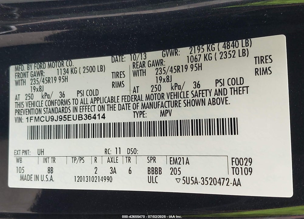 2014 FORD ESCAPE TITANIUM VIN: 1FMCU9J95EUB36414