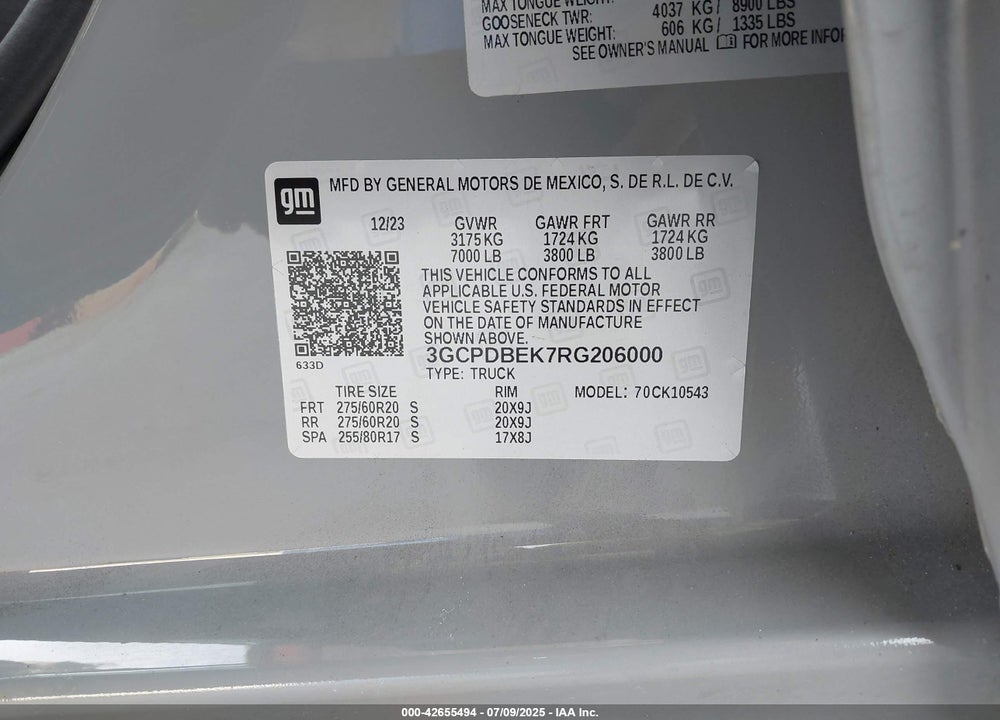 2024 CHEVROLET SILVERADO 1500 VIN: 3GCPDBEK7RG206000