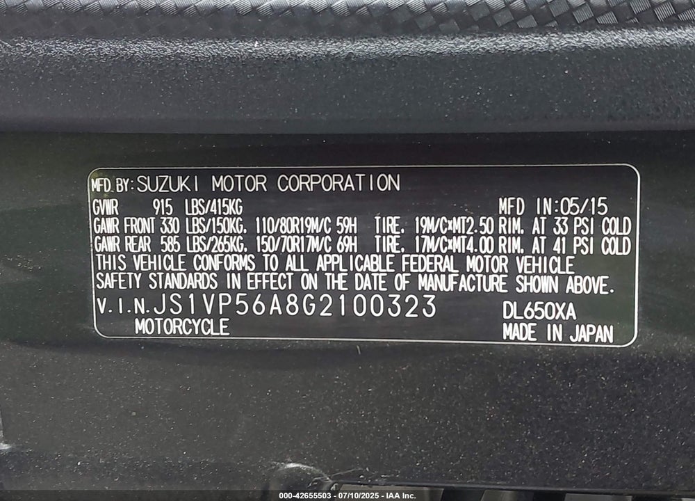 2016 SUZUKI DL650 A VIN: JS1VP56A8G2100323