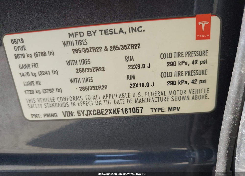 2019 TESLA MODEL X VIN: 5YJXCBE2XKF181057