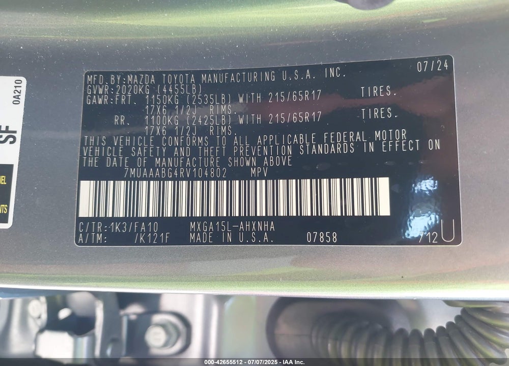 2024 TOYOTA COROLLA CROSS VIN: 7MUAAABG4RV104802