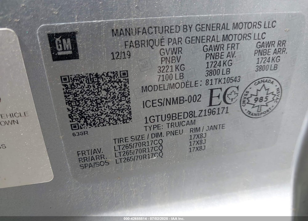 2020 GMC SIERRA 1500 VIN: 1GTU9BED8LZ196171