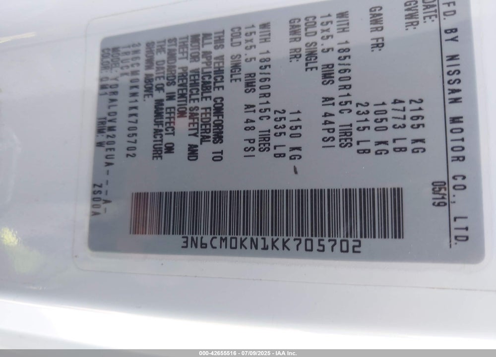 2019 NISSAN NV200 S VIN: 3N6CM0KN1KK705702