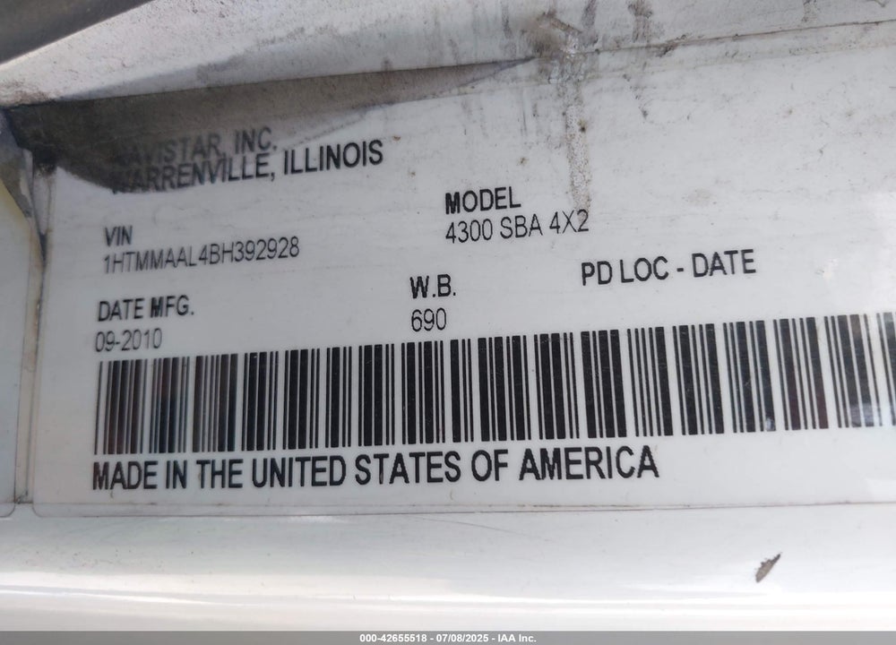 2011 INTERNATIONAL 4000 4300 VIN: 1HTMMAAL4BH392928