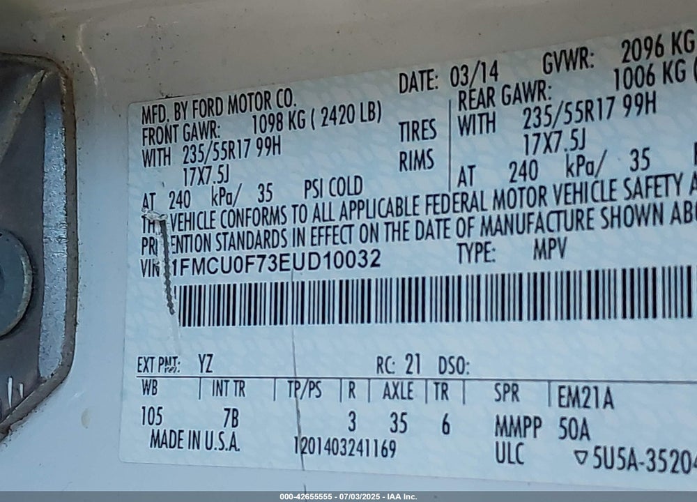 2014 FORD ESCAPE S VIN: 1FMCU0F73EUD10032