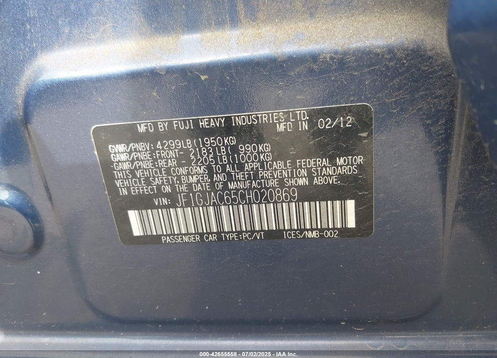 2012 SUBARU IMPREZA VIN: JF1GJAC65CH020869