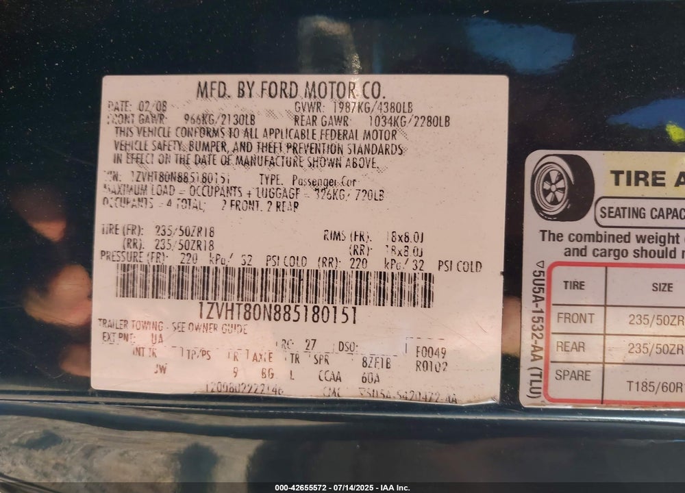 2008 FORD MUSTANG V6 DELUXE/V6 PREMIUM VIN: 1ZVHT80N885180151