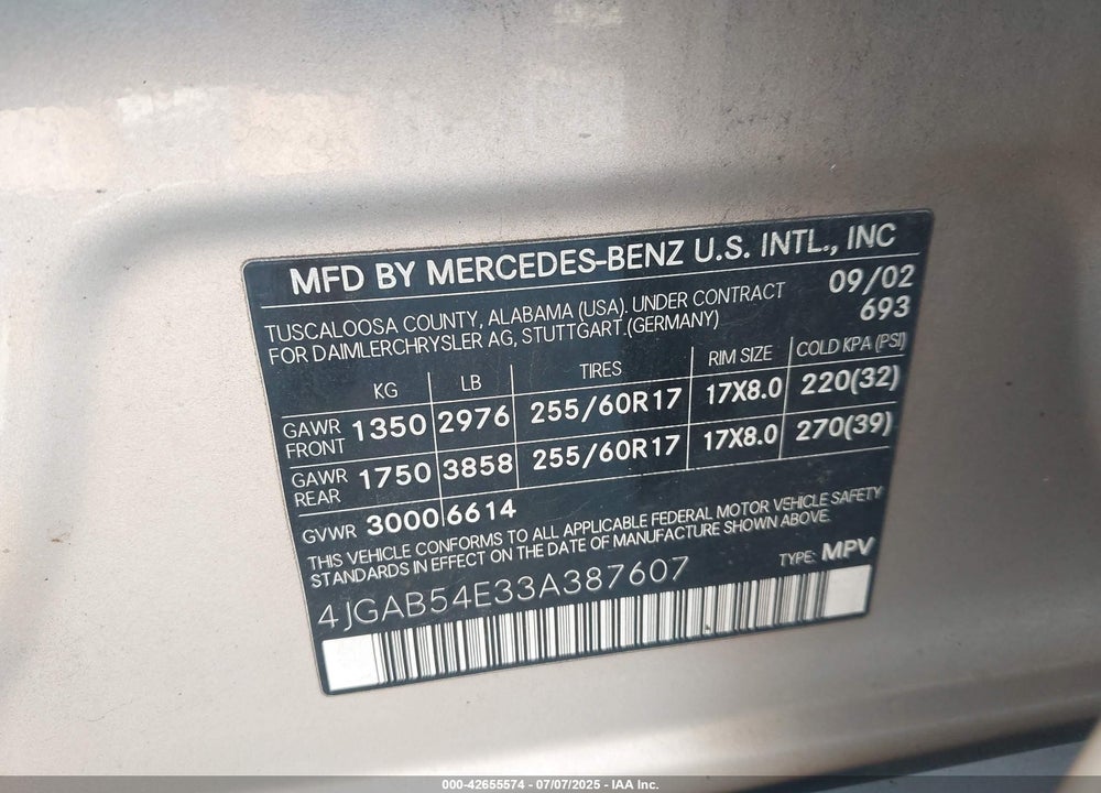 2003 MERCEDES-BENZ ML 320 VIN: 4JGAB54E33A387607