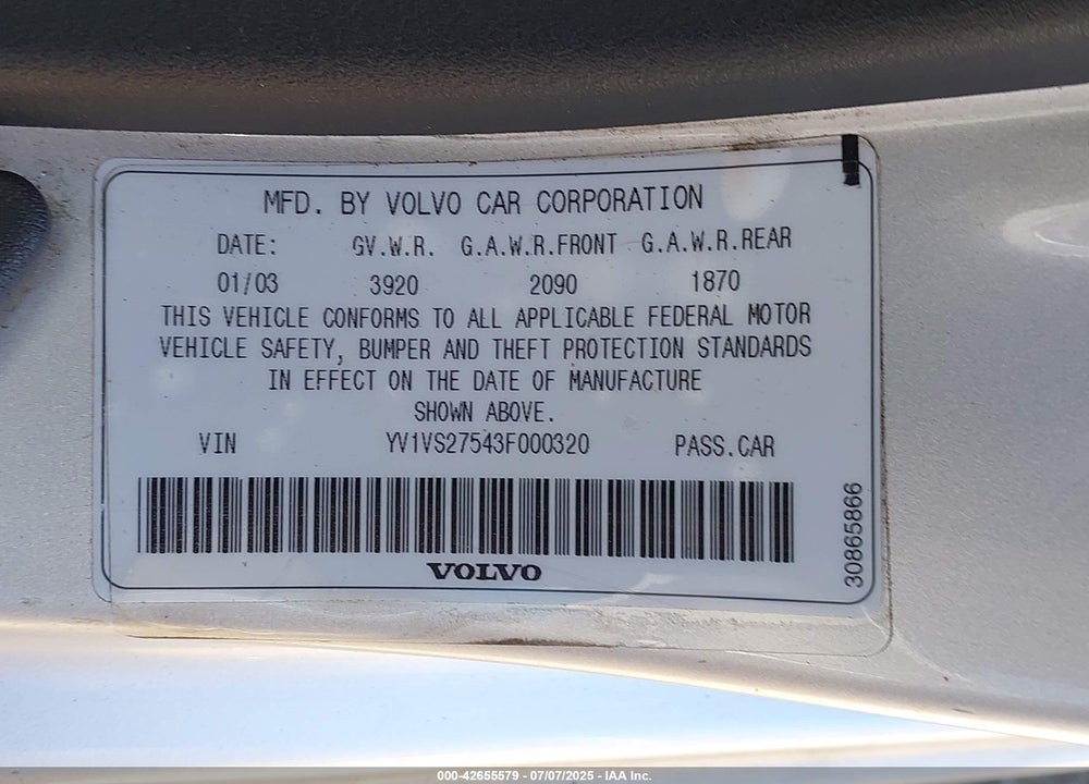 2003 VOLVO S40 A VIN: YV1VS27543F000320
