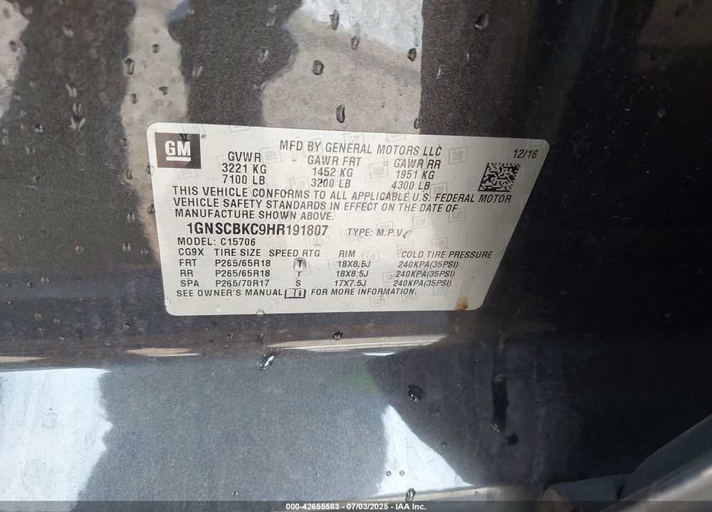 2017 CHEVROLET TAHOE VIN: 1GNSCBKC9HR191807