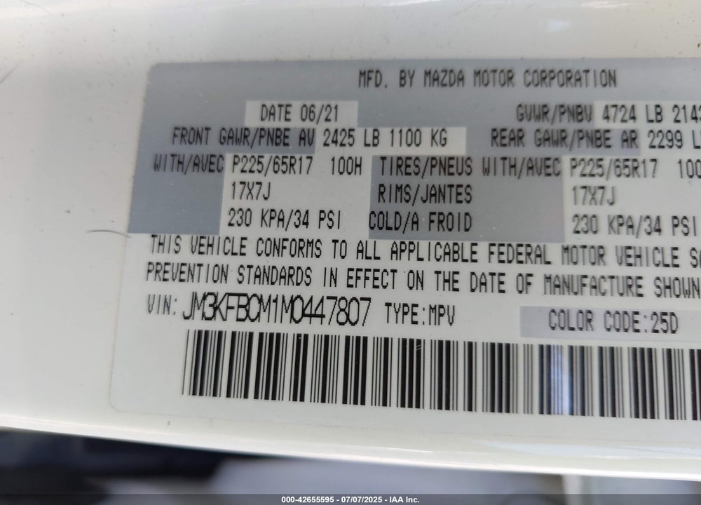 2021 MAZDA CX-5 VIN: JM3KFBCM1M0447807