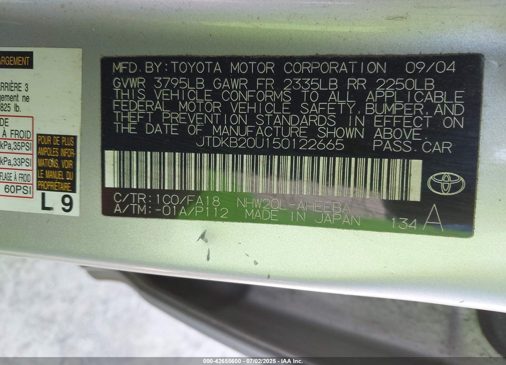 2005 TOYOTA PRIUS VIN: JTDKB20U150122665