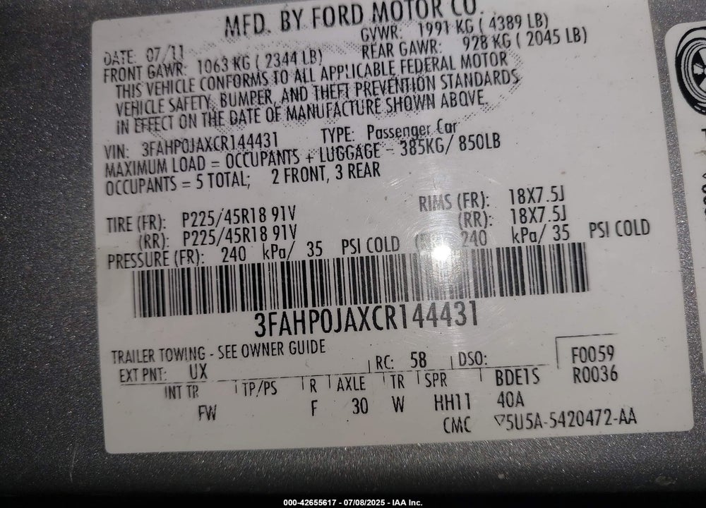 2012 FORD FUSION VIN: 3FAHP0JAXCR144431