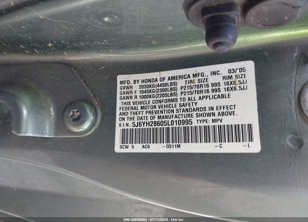 2005 HONDA ELEMENT EX VIN: 5J6YH28605L010995