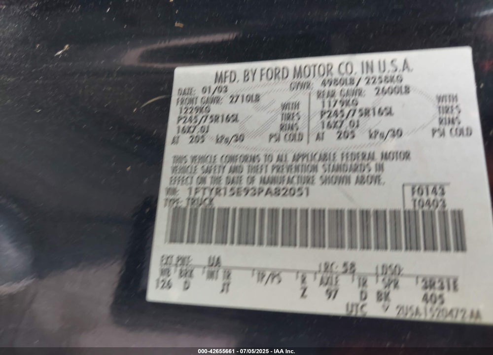 2003 FORD RANGER XLT VIN: 1FTYR15E93PA82051