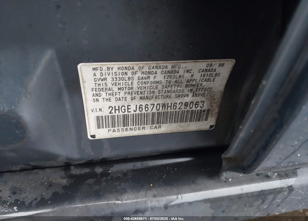 1998 HONDA CIVIC LX VIN: 2HGEJ6670WH629063
