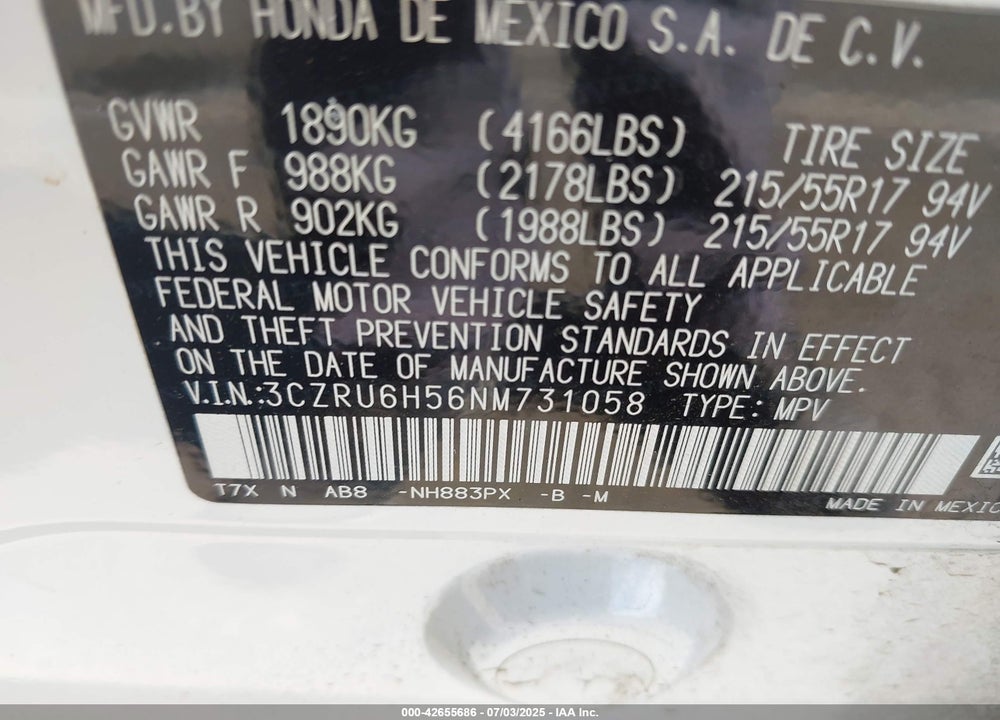 2022 HONDA HR-V VIN: 3CZRU6H56NM731058