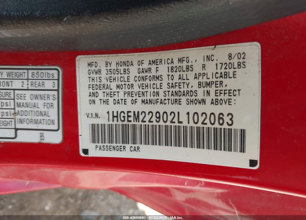 2002 HONDA CIVIC EX VIN: 1HGEM22902L102063