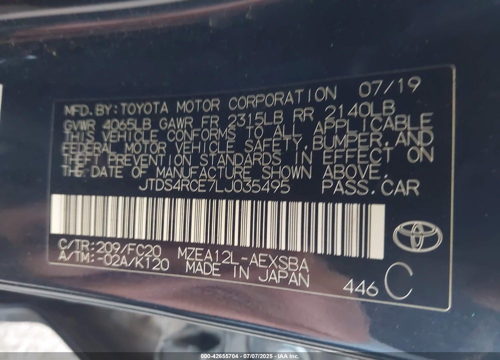 2020 TOYOTA COROLLA VIN: JTDS4RCE7LJ035495