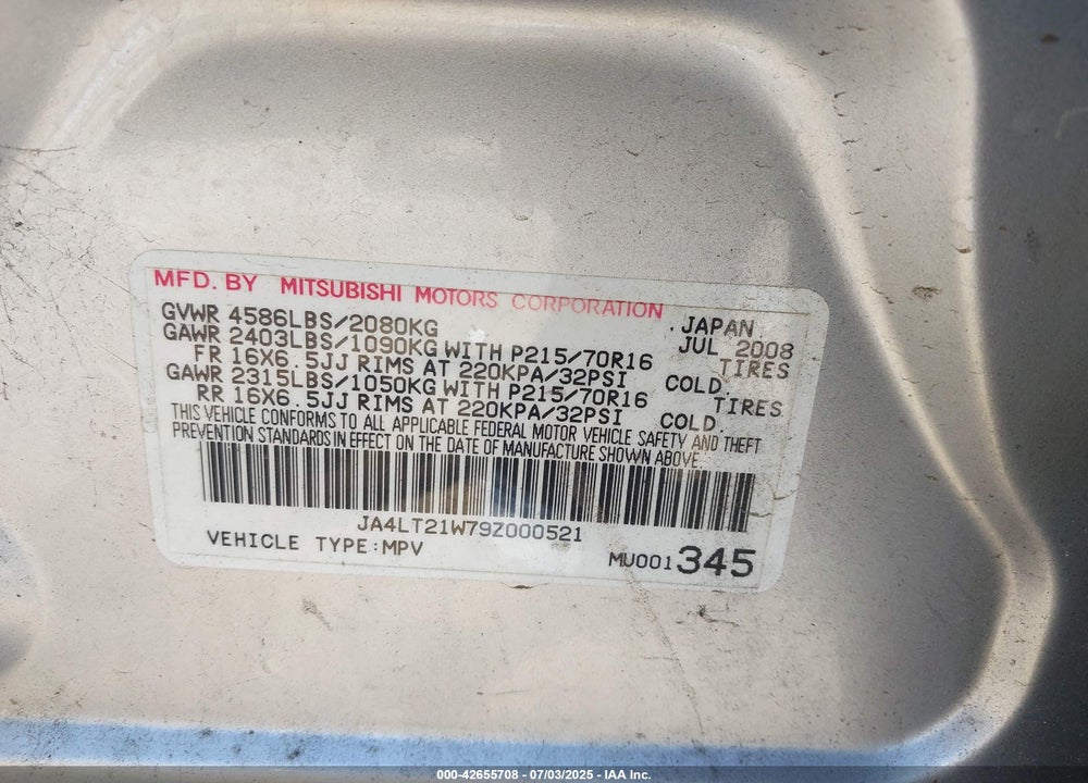 2009 MITSUBISHI OUTLANDER VIN: JA4LT21W79Z000521