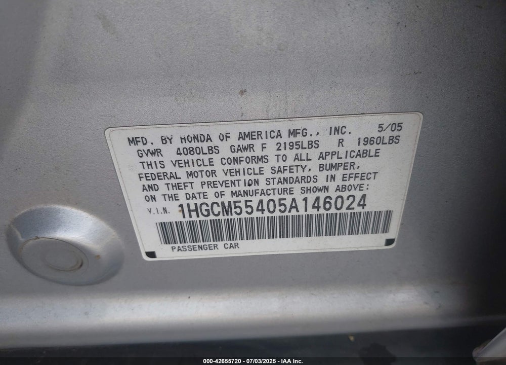 2005 HONDA ACCORD 2.4 LX VIN: 1HGCM55405A146024