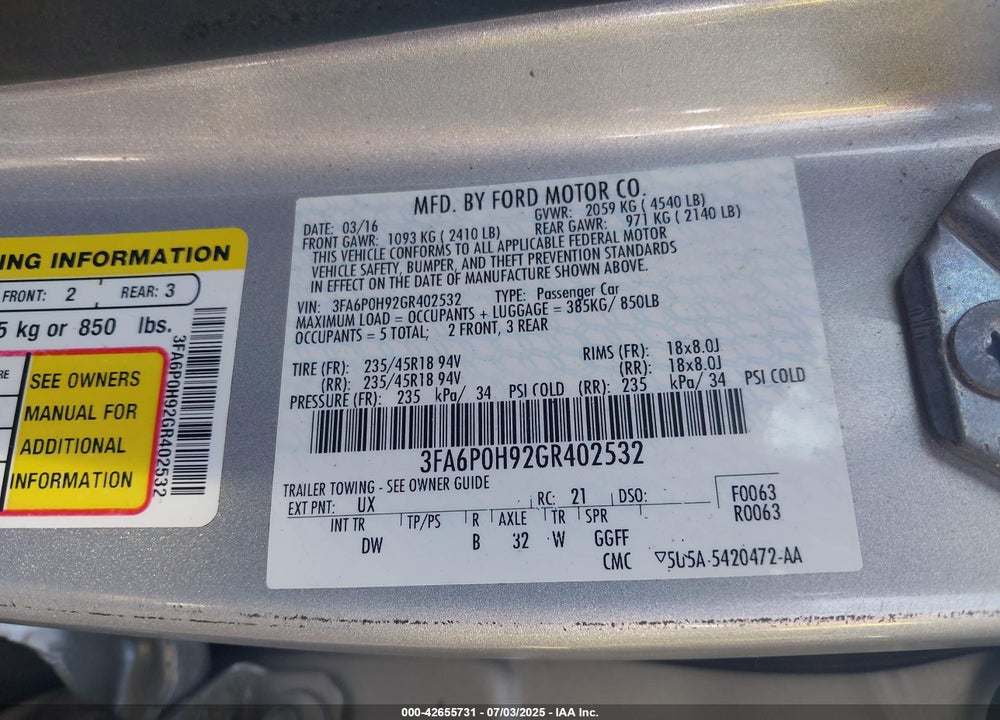 2016 FORD FUSION VIN: 3FA6P0H92GR402532
