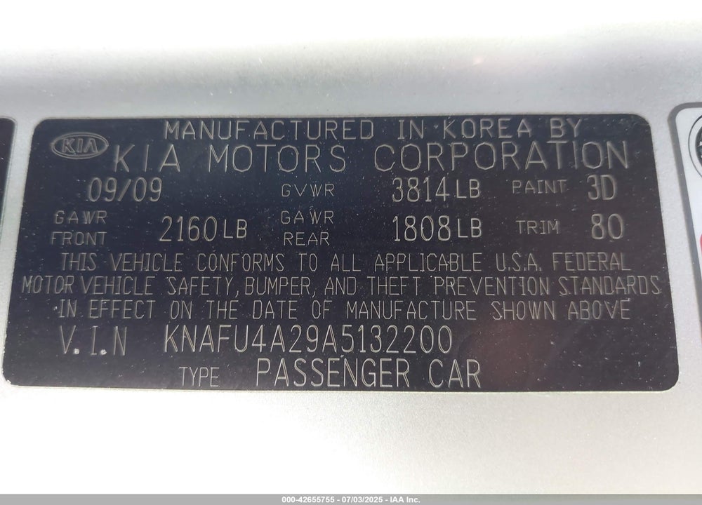 2010 KIA FORTE VIN: KNAFU4A29A5132200