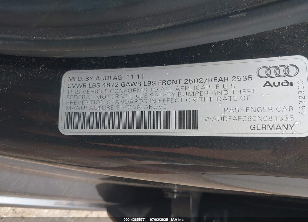 2012 AUDI A6 2.0T PREMIUM VIN: WAUDFAFC6CN081355
