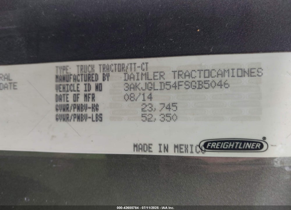 2015 FREIGHTLINER CASCADIA 125 VIN: 3AKJGLD54FSGB5046