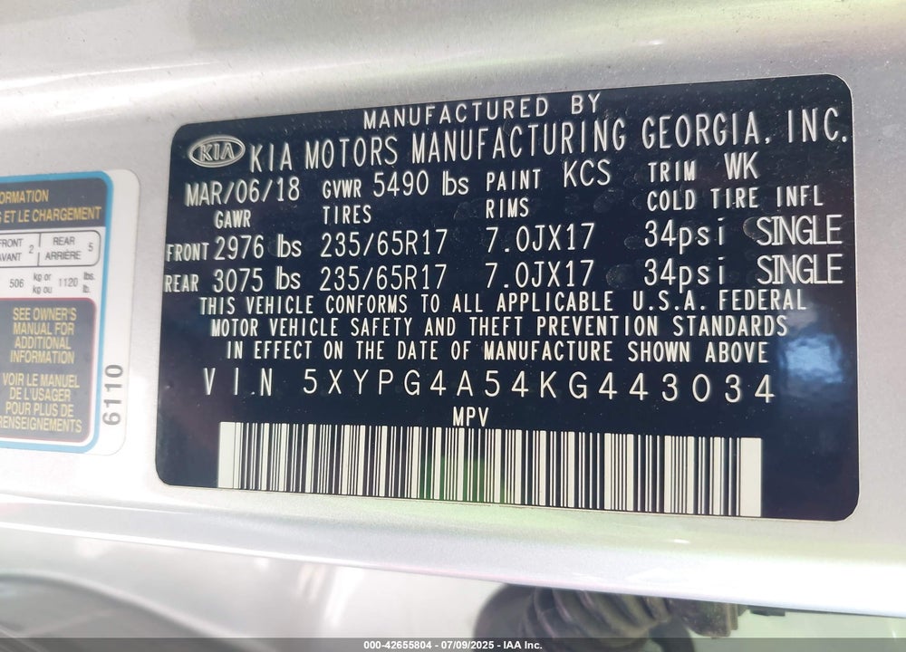 2019 KIA SORENTO VIN: 5XYPG4A54KG443034