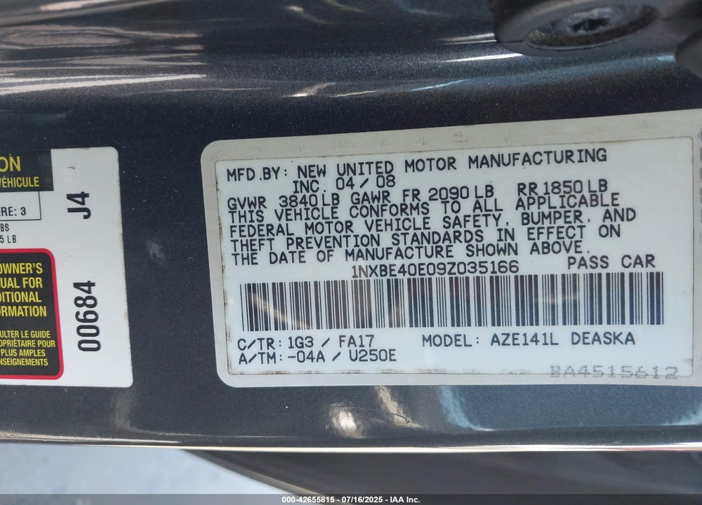 2009 TOYOTA COROLLA VIN: 1NXBE40E09Z035166