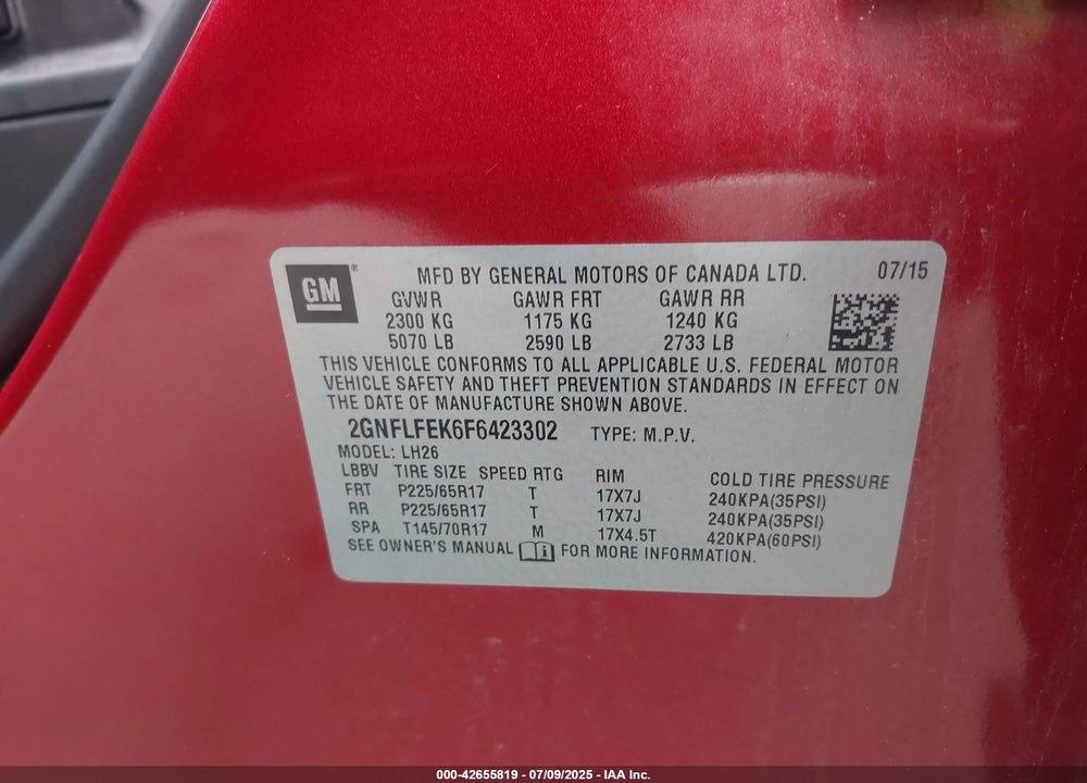 2015 CHEVROLET EQUINOX VIN: 2GNFLFEK6F6423302