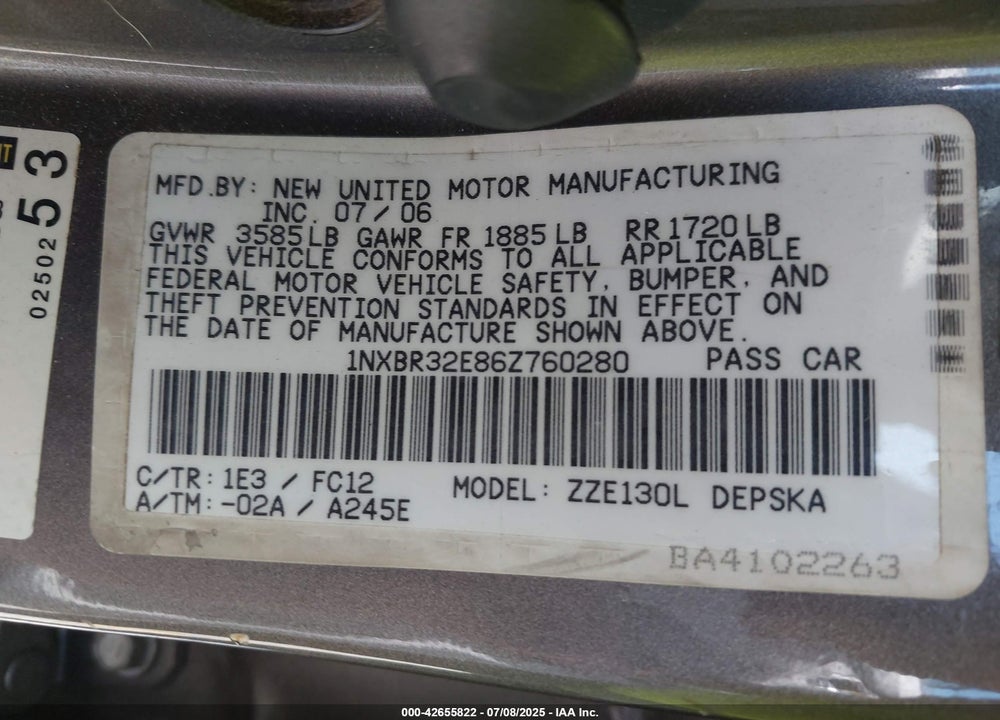 2006 TOYOTA COROLLA S VIN: 1NXBR32E86Z760280