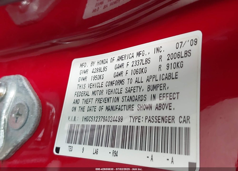 2009 HONDA ACCORD VIN: 1HGCS12379A024499
