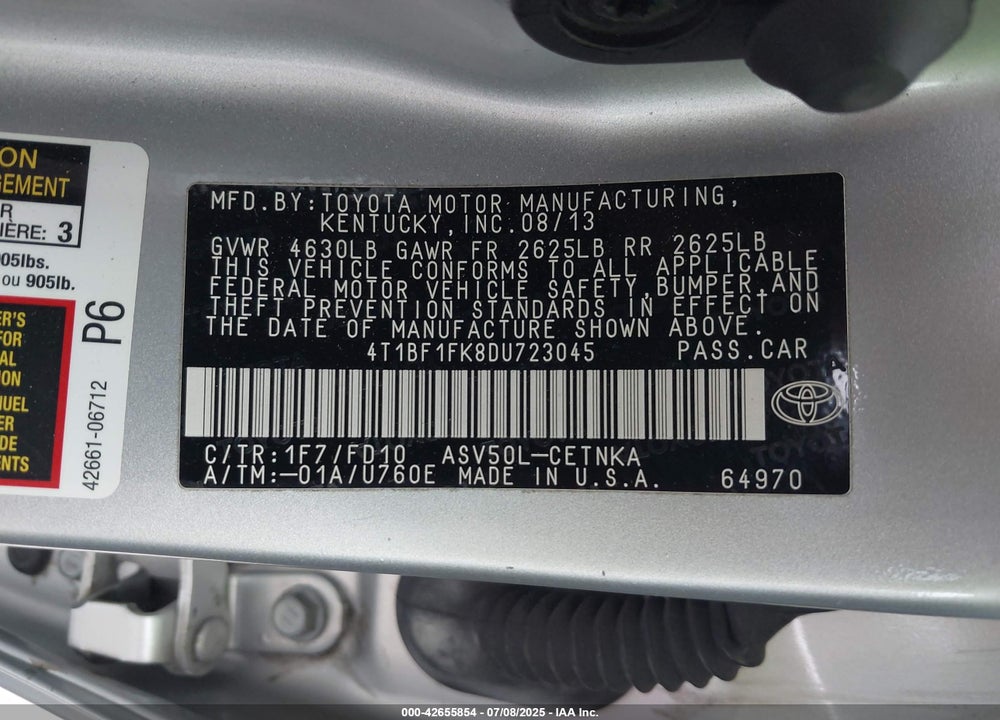 2013 TOYOTA CAMRY VIN: 4T1BF1FK8DU723045