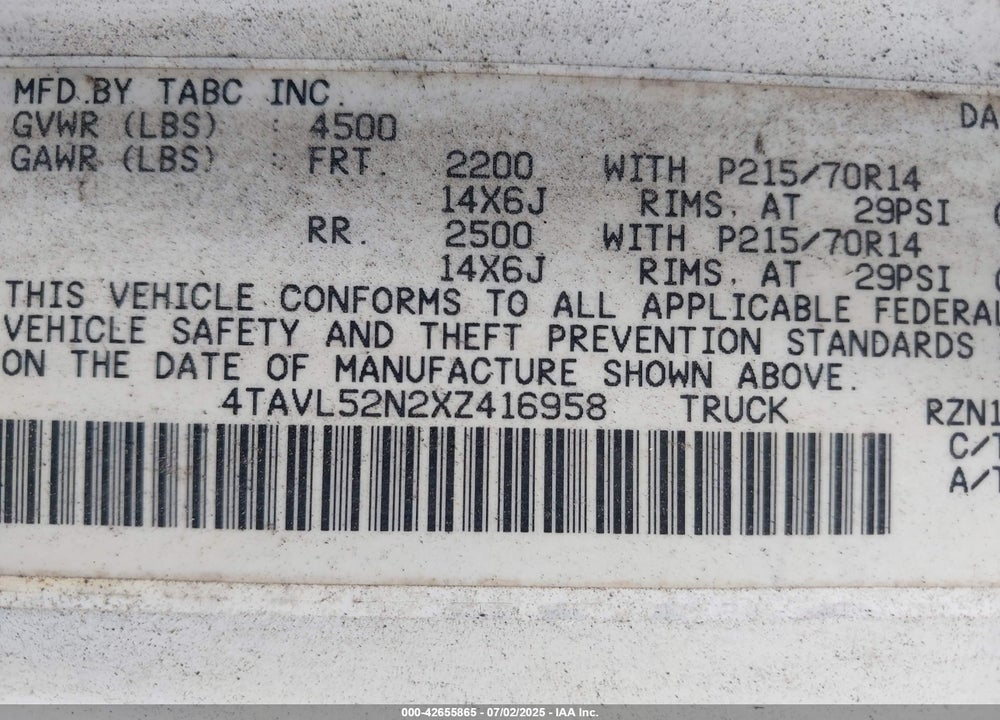 1999 TOYOTA TACOMA VIN: 4TAVL52N2XZ416958
